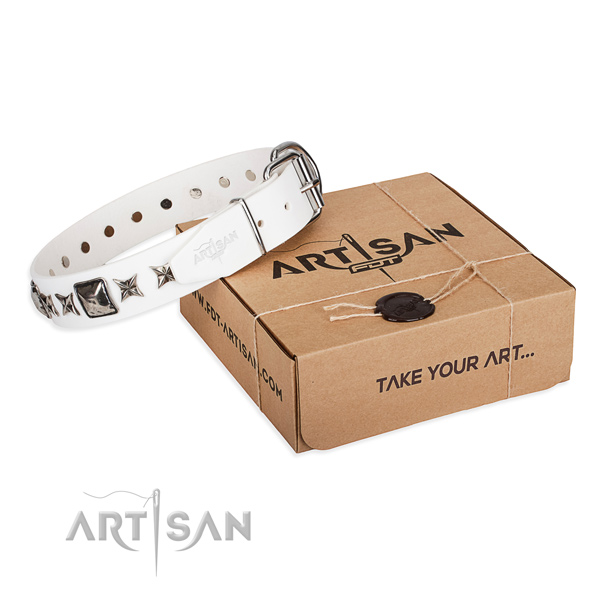Comfortable wearing full grain natural leather dog collar with adornments