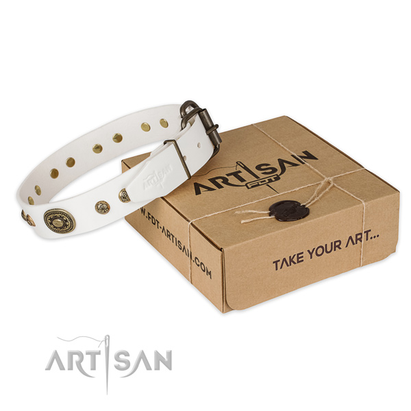 Corrosion resistant traditional buckle on natural genuine leather dog collar for handy use
