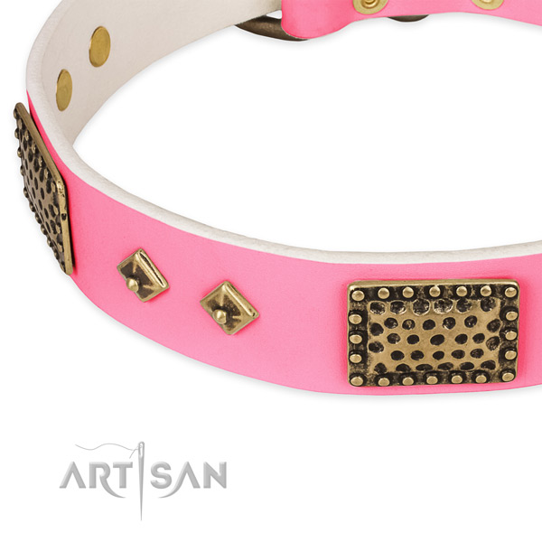 Natural genuine leather dog collar with decorations for comfortable wearing