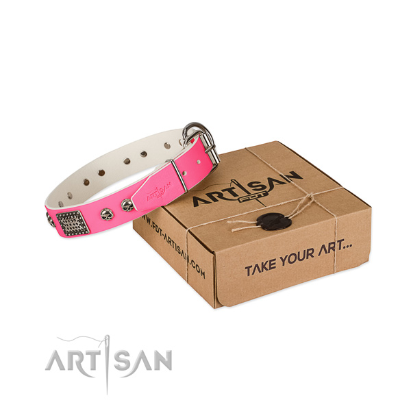 Rust-proof embellishments on dog collar for easy wearing