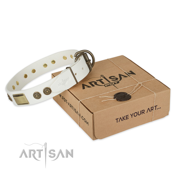 Rust-proof fittings on natural genuine leather dog collar for comfy wearing