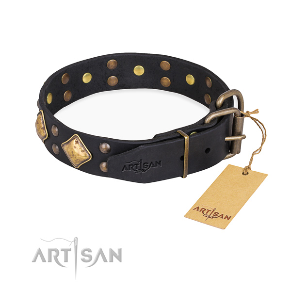 Genuine leather dog collar with unique corrosion proof decorations