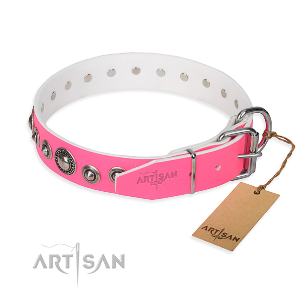 Full grain genuine leather dog collar made of quality material with durable studs