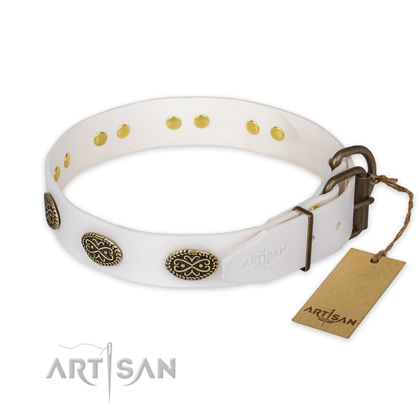 Corrosion proof D-ring on genuine leather collar for walking your dog