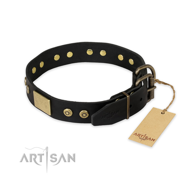 Reliable D-ring on natural genuine leather collar for basic training your four-legged friend