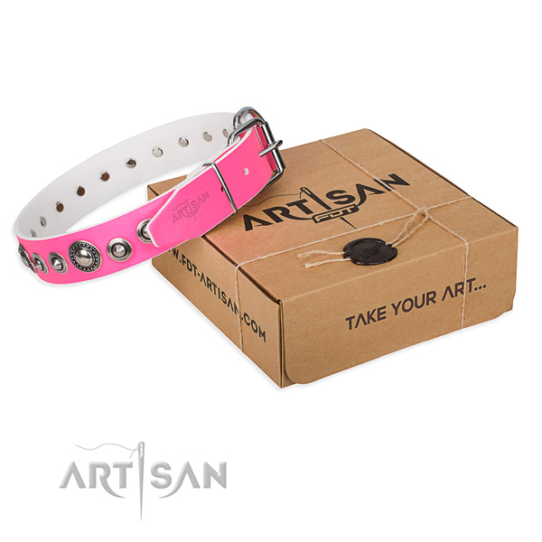 Natural genuine leather dog collar made of gentle to touch material with durable fittings