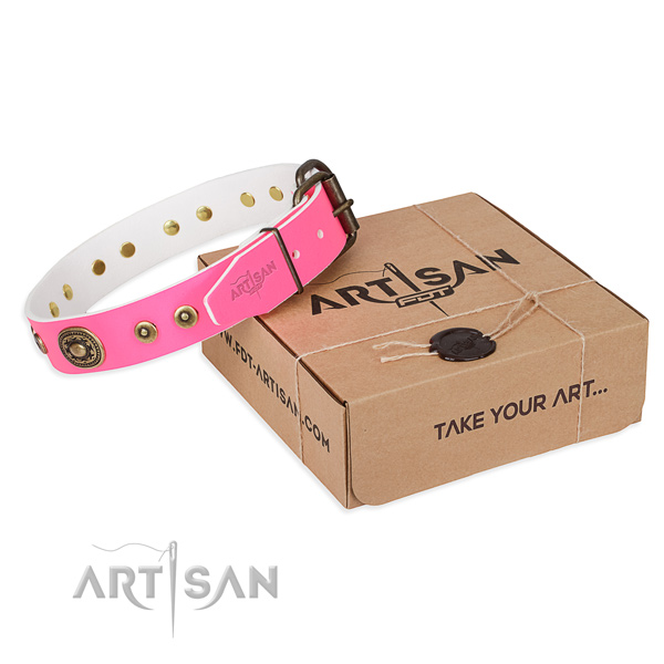 Natural genuine leather dog collar made of quality material with reliable hardware