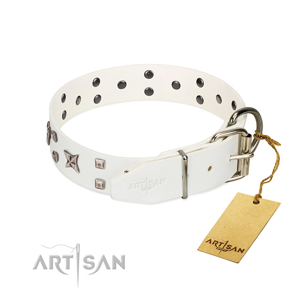 Soft full grain genuine leather dog collar with fashionable decorations