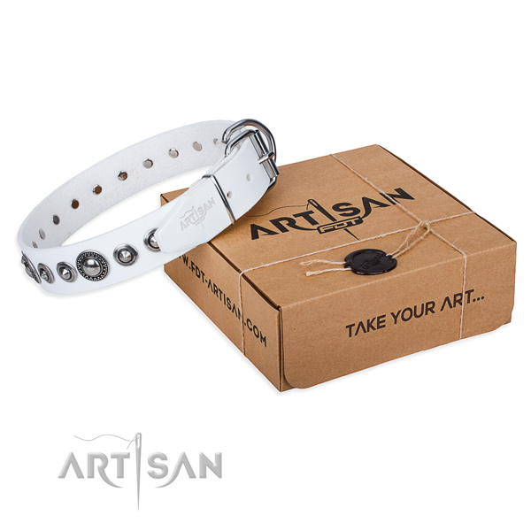 Leather dog collar made of soft material with corrosion proof fittings