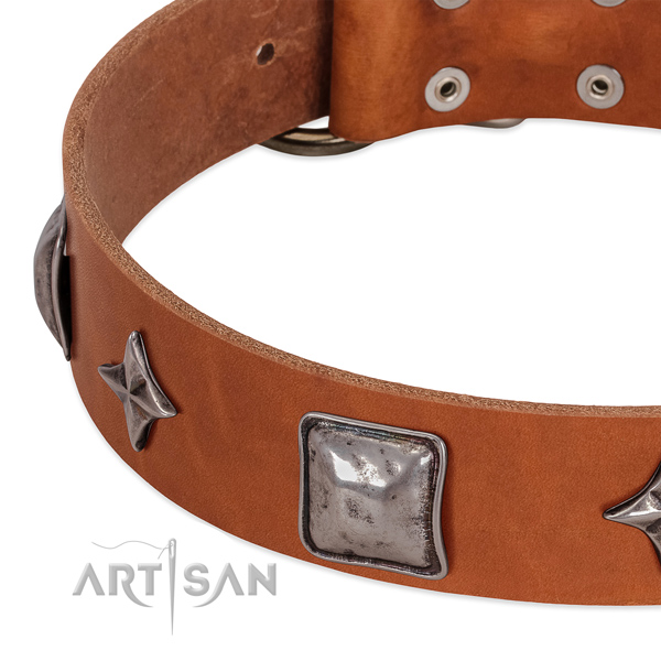 Reliable full grain genuine leather dog collar with corrosion proof D-ring
