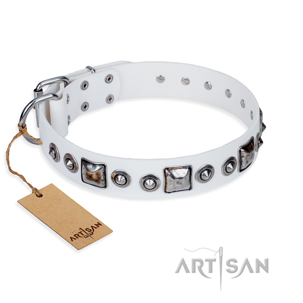 Full grain genuine leather dog collar made of quality material with reliable fittings