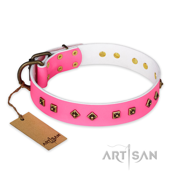Easy adjustable full grain natural leather dog collar with corrosion proof hardware