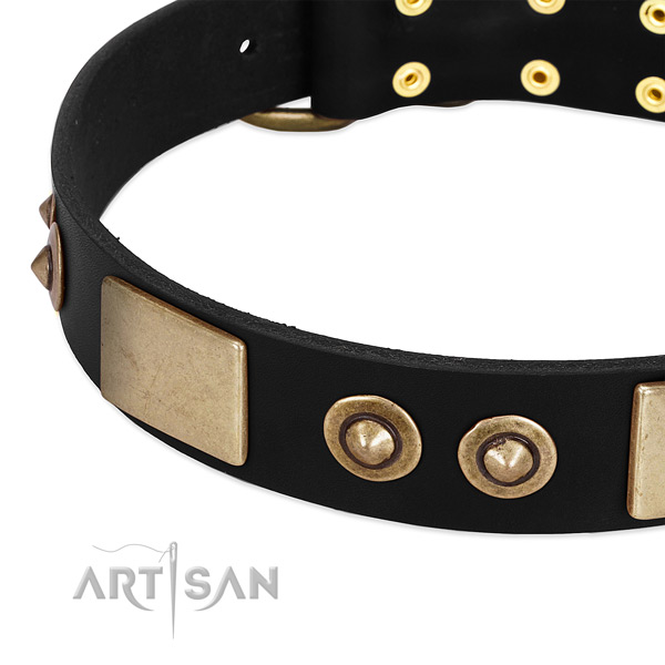 Strong D-ring on genuine leather dog collar for your doggie