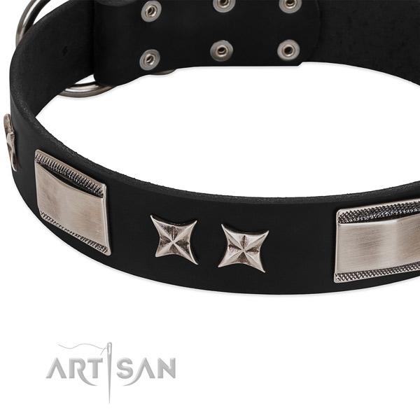 Gentle to touch full grain genuine leather dog collar with rust-proof traditional buckle