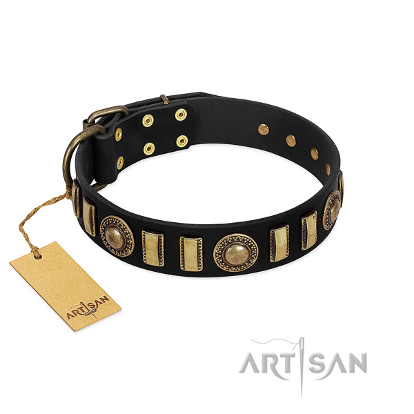 Soft natural leather dog collar with corrosion resistant D-ring