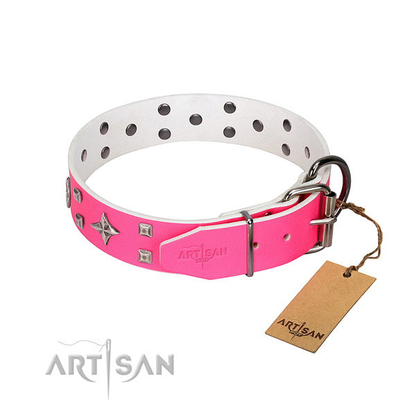 Full grain genuine leather dog collar with top notch adornments