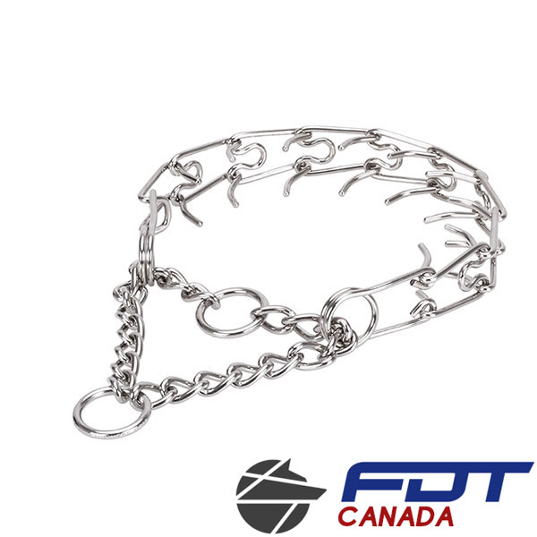 Prong collar of corrosion resistant stainless steel for poorly behaved pets